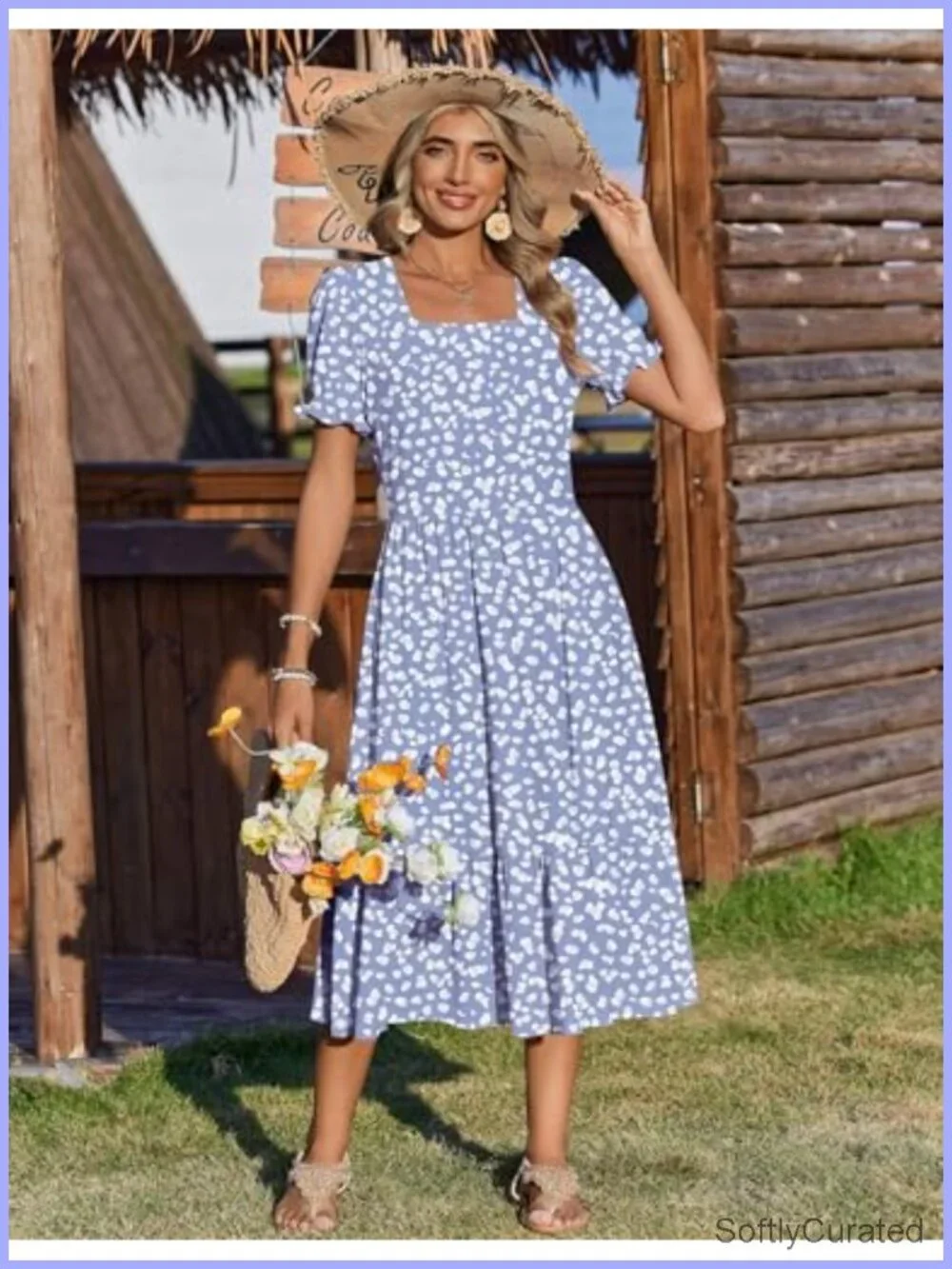 Flowy Midi Dress with Pockets Tiered Swing Short Sleeve